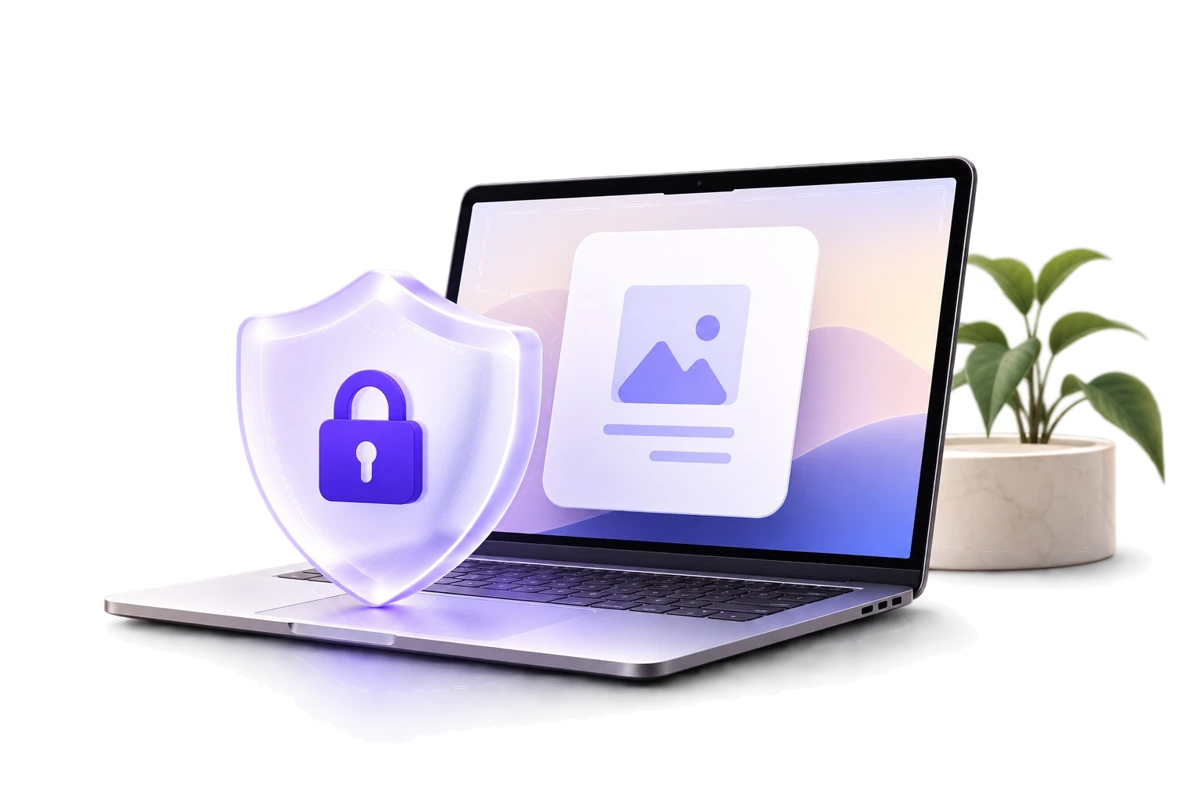 A laptop showing an image, with a purple shield and padlock in front of it